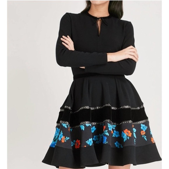 Maje Rafa Ponte Floral Flared Black Velvet Embellished Crepe Mini Dress Small - Picture 1 of 11